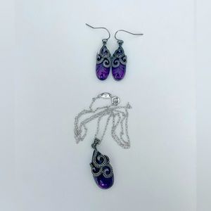Amethyst colored/marcasite necklace and earring set, sterling silver